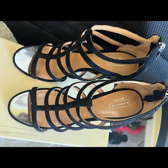 Gently Used Coach Heels - Black Strapped Open Toe with Mirror Accent Tip - Picture 3 of 6